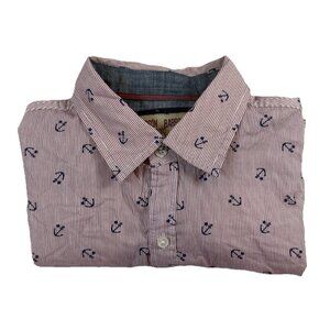 Mens Hudson Barrow NYC Medium Button Down Shirt Red Striped With Blue Anchors